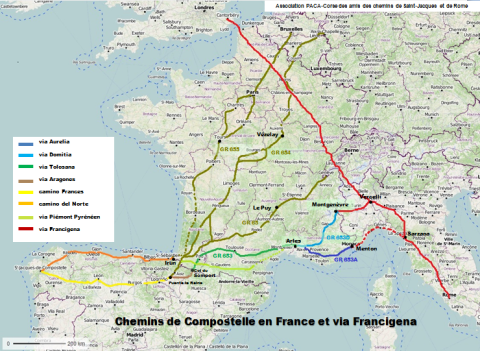 Carte des chemins de compostelle france